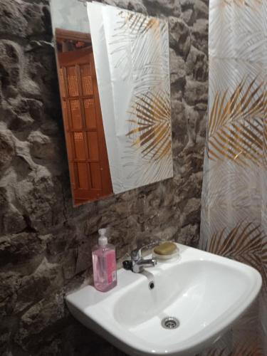 a bathroom sink with a soap bottle on it at Loma Bonita in Valdició