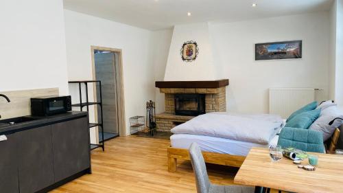 a living room with a couch and a fireplace at Heimatliebe Erfweiler Wohnung ZWÄ in Erfweiler