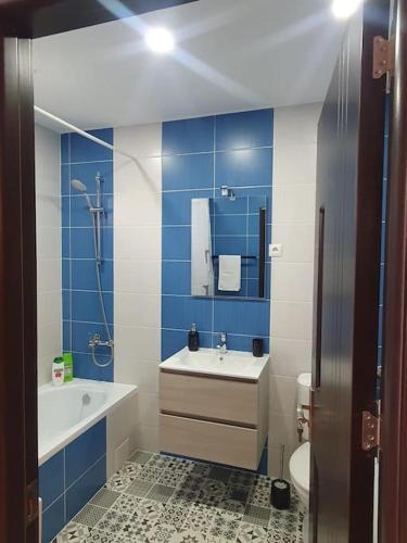 锡比乌Apartament Mirela的浴室设有水槽、卫生间和蓝色瓷砖。