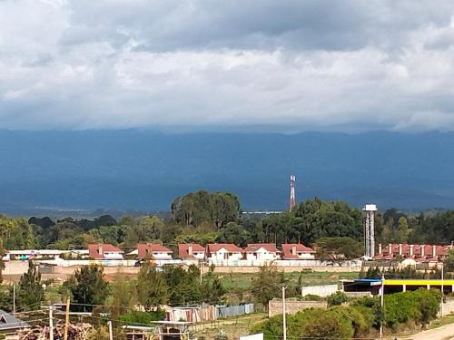 a view of a city with houses and a train at Rovers Apartment in Nanyuki