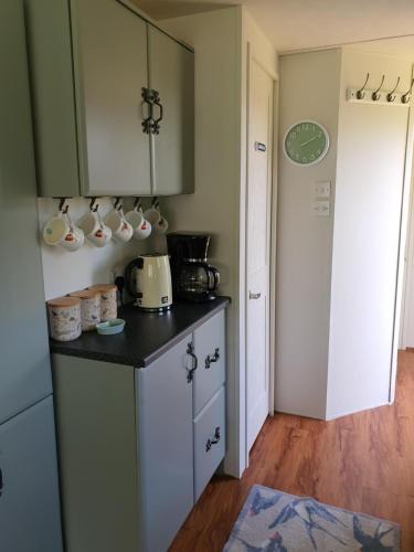 a kitchen with green cabinets and a counter top at Howgill farm Bolton Abbey in Appletreewick