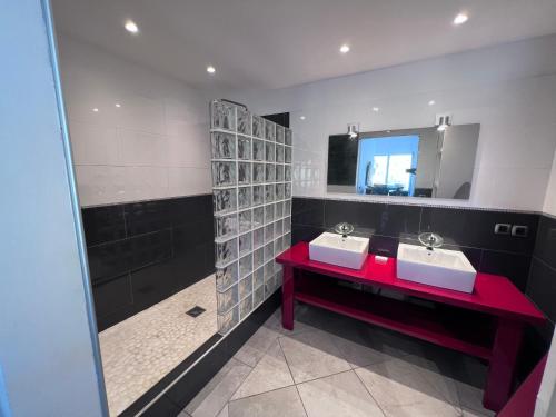 łazienka z 2 umywalkami i lustrem w obiekcie Villa Taïana w mieście Saint-Martin