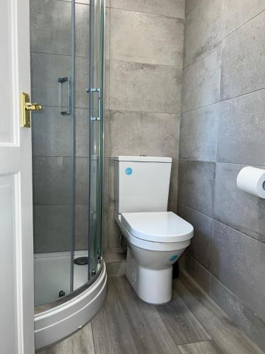 a bathroom with a toilet and a glass shower at Shirley House 4, Guest House, Fully Equipped Kitchen with Fridge, Washer, Dryer, Self Catering, Self Check in, Great for Contractors, 5 min to BAT, 20 min to Fawley Refinery, close to Southampton Central, Ideal for Longer Stays in Southampton
