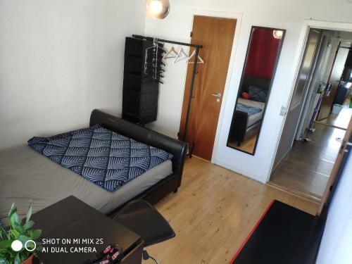 een woonkamer met een bank en een spiegel bij Midt Town Apartment Room in Aarhus