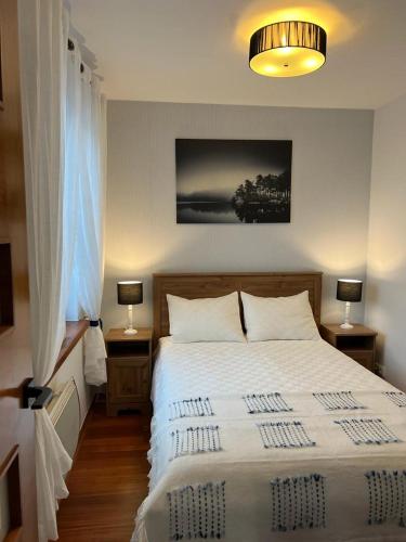 a bedroom with a large bed with two lamps on tables at Apartament przy promenadzie Mikolajki. in Mikołajki