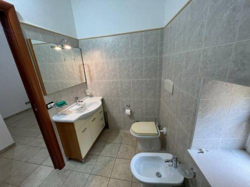 bagno con lavandino, servizi igienici e specchio di Appartamento Bilocale in centro storico Calopezzati a Calopezzati