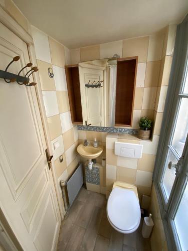 La petite salle de bains est pourvue de toilettes et d'un lavabo. dans l'établissement Eco Champs Elysees, à Paris