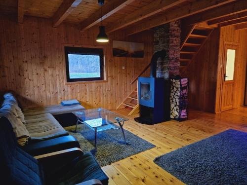 a living room with a couch and a fireplace at Mana Village - Jacuzzi & Sauna in Barłomino