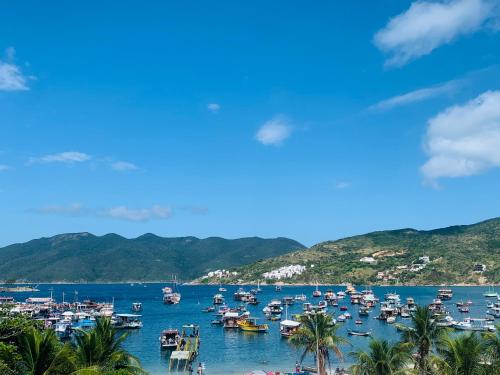 a bunch of boats are docked in a harbor at Flat dos Anjos in Arraial do Cabo