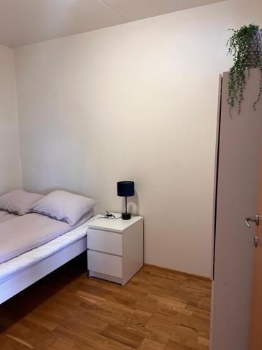 um quarto com uma cama e uma mesa de cabeceira com um candeeiro em Klettaborg em Akureyri