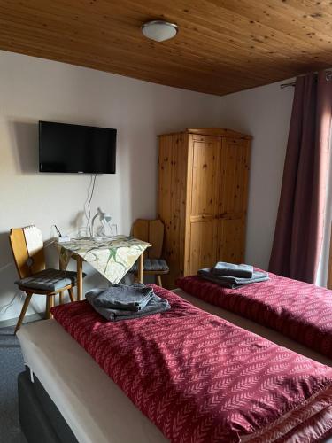 1 Schlafzimmer mit 2 Betten, einem Tisch und einem TV in der Unterkunft Pension zur Hammermühle in Wallenfels