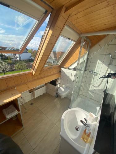 a bathroom with a toilet and a sink with a window at Sky Apartments in Rust
