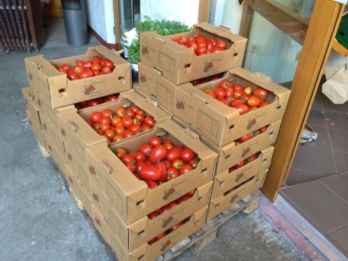 a stack of boxes of tomatoes in a store at Johanneshof Gästehaus in Hockenheim