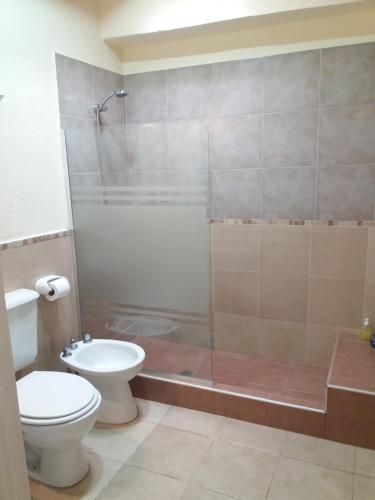 y baño con ducha, aseo y lavamanos. en Departamento Mi casa en Mendoza en Godoy Cruz