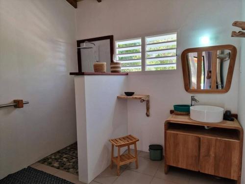 uma casa de banho com um lavatório e um espelho em Kazacactus-villa 3 chambres piscine Marie-Galante em Beauséjour