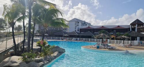 een zwembad met palmbomen in een resort bij Studio Lucie à MANGANAO in Saint-François