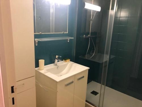 une salle de bain avec un lavabo et une douche dans l'établissement Appartement 3 pièces avec balcon près de la plage et parking à Villers-sur-Mer - FR-1-712-5, à Villers-sur-Mer