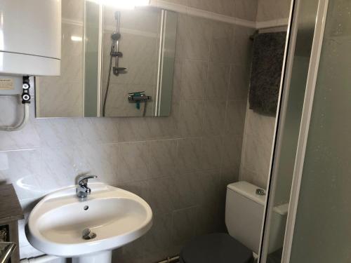 une salle de bain avec un lavabo, des toilettes et un miroir dans l'établissement Appartement à 150m de la plage, proche centre-ville et Paléospace - FR-1-712-10, à Villers-sur-Mer
