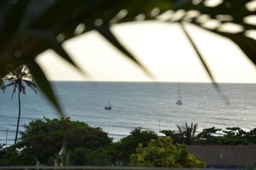 two boats in the ocean with trees in the foreground at Hotel Villa Terra Viva in Jericoacoara