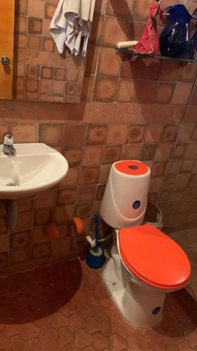 a bathroom with a toilet with a red lid and a sink at PARCELA VILLA PAU in Lebrija