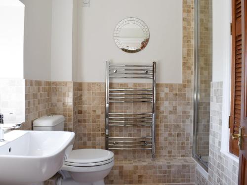 a bathroom with a toilet and a sink and a mirror at The Granary in Lucy Cross