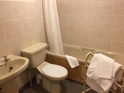 a bathroom with a toilet and a sink and a tub at Trevena Star in Rosedale Abbey