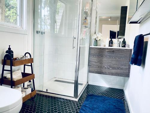 a bathroom with a shower with a blue floor at Luxe Private 2 bedroom cottage full kitchen in Healesville