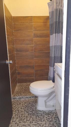 a bathroom with a toilet and a shower curtain at Posada El Refugio in Mineral de Pozos