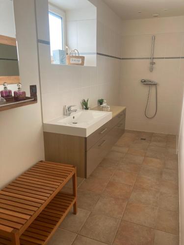 une salle de bain avec un lavabo et une douche dans l'établissement Maison place champs de foire 6 pers 3 chambres jardin terrasse, à Chamberet