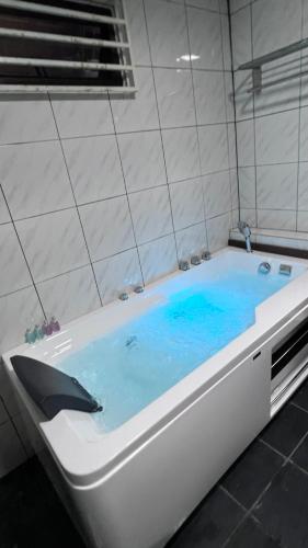 a shark in a bath tub with blue water at HERITAGE D'CENANG with Jacuzzi Spa in Pantai Cenang
