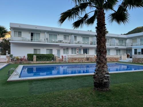 a palm tree in front of a large building at Apartamentos Cana Sofía in Cala Llonga