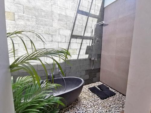 een badkamer met een bad en een plant bij Villa Anoli - 3 chambres - Centre de Seminyak in Seminyak