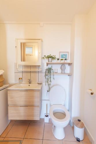une salle de bain avec des toilettes blanches et un lavabo dans l'établissement Charmant Dupleix,toit terrasse, à Toulon