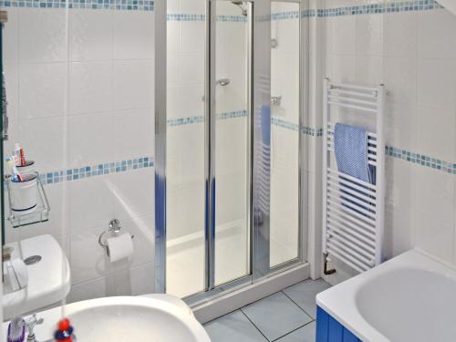 a bathroom with a shower and a toilet and a sink at Nautilus Cottage in Cellardyke