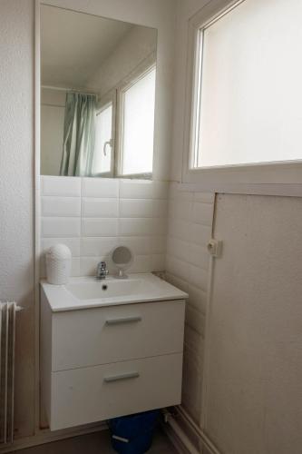 une salle de bain blanche avec un lavabo et un miroir dans l'établissement Grand T2 F2 Mulhouse Downtown FREE PARKING, à Mulhouse