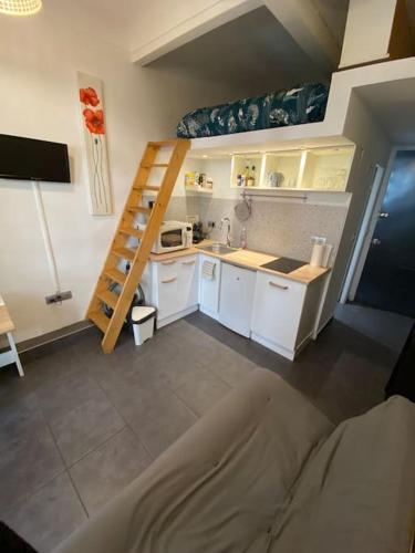 a small kitchen with a sink and a ladder at Studio Juan les Pins 06 - centre ville - plage à 150m in Antibes