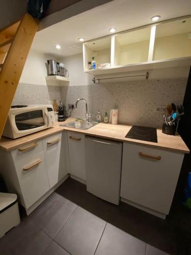 a small kitchen with white cabinets and a microwave at Studio Juan les Pins 06 - centre ville - plage à 150m in Antibes