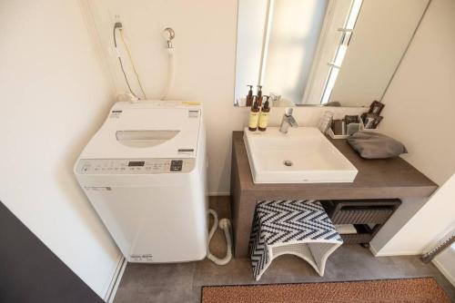 Elle comprend une petite salle de bains pourvue d'un lavabo et d'un lave-linge blanc. dans l'établissement BLUE ARK, à Izu