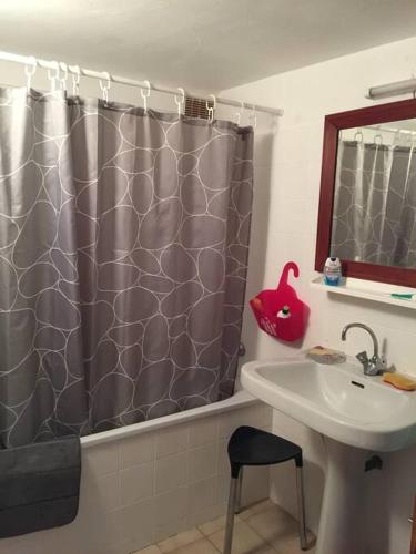 une salle de bain avec un rideau de douche et un lavabo dans l'établissement A corner relaxat° all comfort duplex T4bis COLMARS, à Colmars