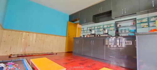 eine Küche mit Küchengeräten aus Edelstahl in einem Zimmer in der Unterkunft Valley View Homestay Lahaul in Gondla