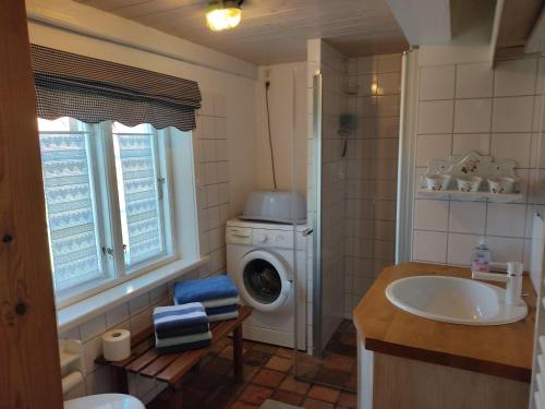 a bathroom with a washing machine and a sink at Fischerkate-mit-schoenem-Garten in Sankt Peter-Ording