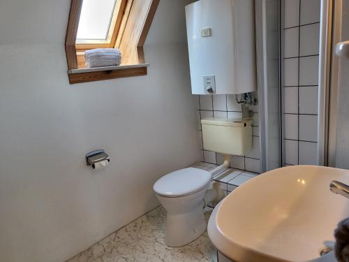 a bathroom with a toilet and a sink and a window at Ferienhaus Op de Diek in Ording