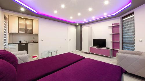 ヴェリコ・タルノヴォにあるApartment Relaxのリビングルーム(紫色のソファ、テレビ付)