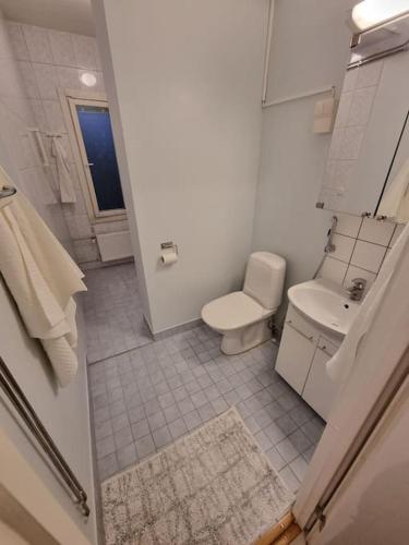 La salle de bains blanche est pourvue de toilettes et d'un lavabo. dans l'établissement Viihtyisä kaksio keskeisellä sijainnilla, à Lappeenranta