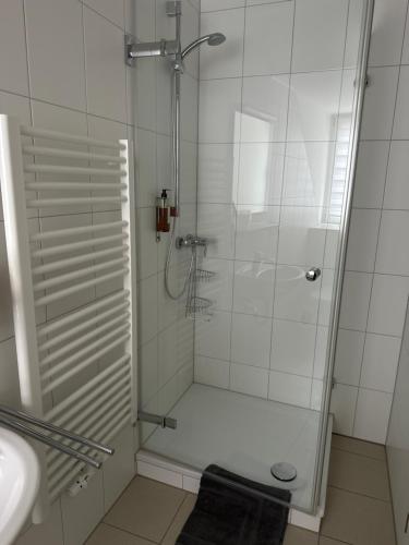 a shower with a glass door in a bathroom at Alter Wirt Ramersdorf in Munich