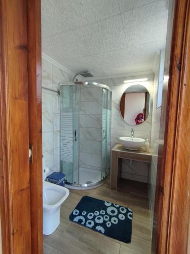 a bathroom with a shower and a sink and a toilet at Takis Haikos House two minutes walk to the beach Peroulia in Vounaria