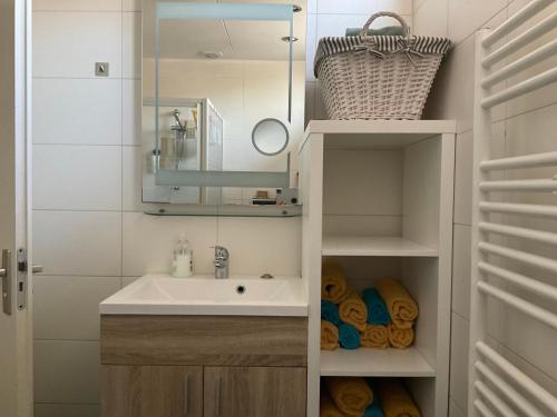 bagno con lavandino e specchio di B&B Holiday-44 a Enkhuizen