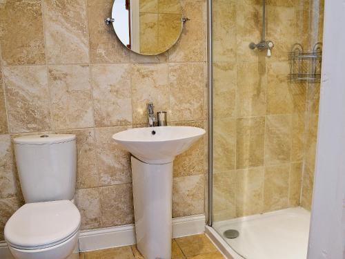 a bathroom with a toilet and a sink and a shower at The Larches in Kirkby Stephen