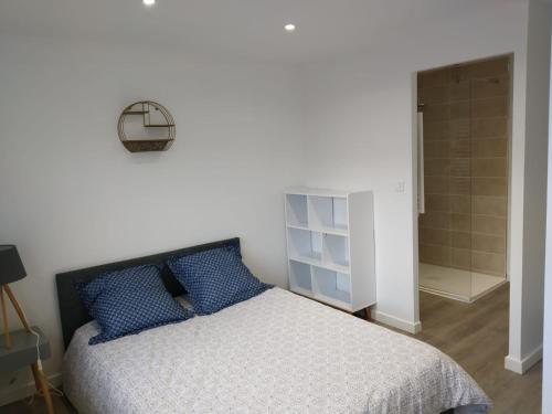 塔布Appartements - Halles Brauhauban Tarbes的一间卧室配有一张带蓝色枕头的床和一个衣柜