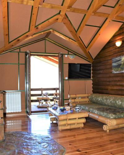 GrahovoにあるHaus Draganの木製の天井が特徴のリビングルーム(大きな窓付)
